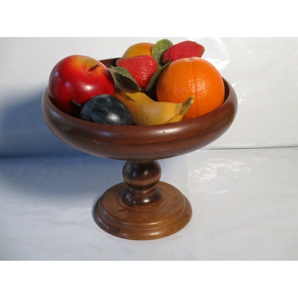 Apco Wood Fruit Stand / Bowl. 6 1/2" high. 9" across top with fruit